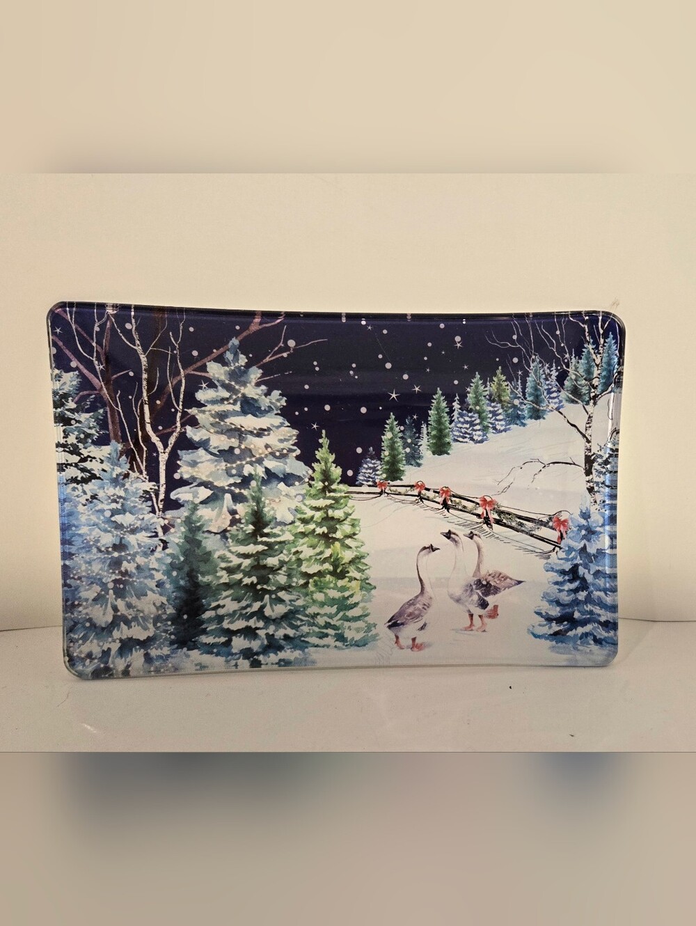 Michel Design Works Christmas Snow Glass Soap Dish Trinket Tray Winter Geese - Picture 1 of 6